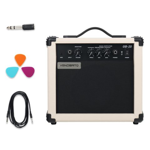 Vendrato Electric bass Amplifier 20w amp Cream White Treble Middle bass mp3 Headphone Band Jack 6.5” Speaker Portable Starter Beginner Band Practice Travel bass amp noiseless Cable Picks Adapter in