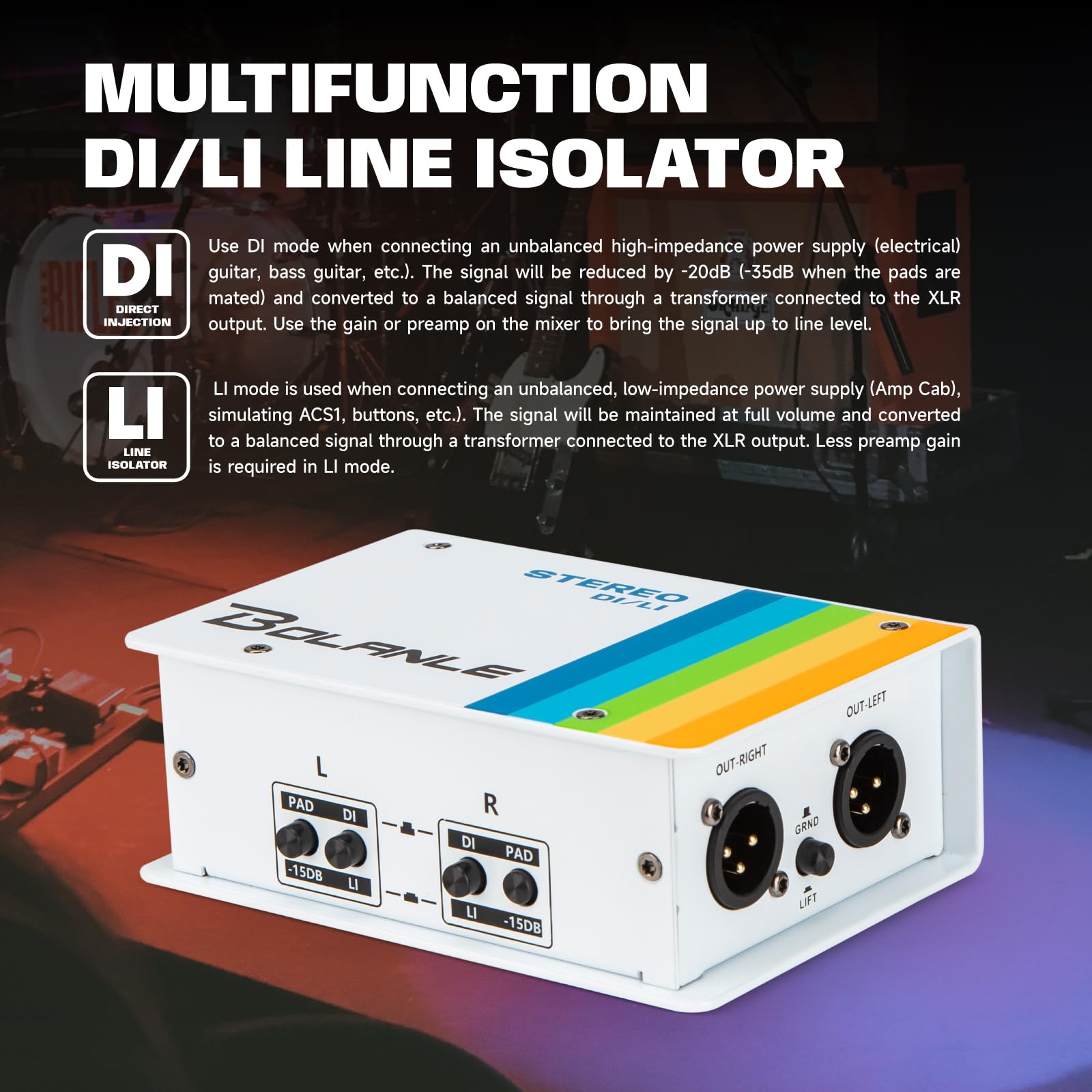 Bolanle Passive DI/LI Stereo Direct Box and Line Isolator, Multi Guitar