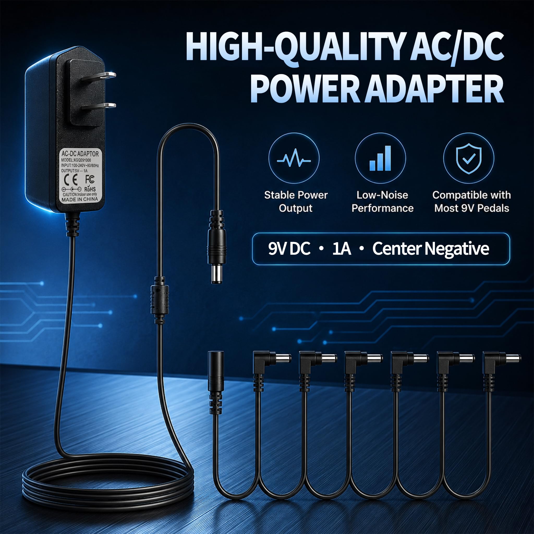 Rockhouse 9V DC 1A Guitar Pedal Power Supply with 6 Way Daisy Chain Cable