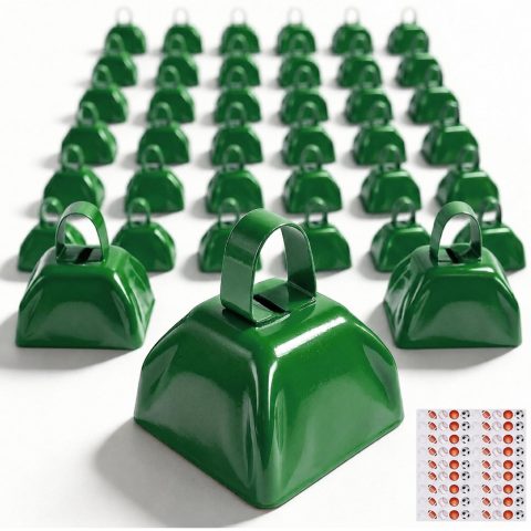 54 Pack Small Cow Bells for Sporting Events, Metal Cow Bells Bulk with Handle, 3 Inch Compact Noise Makers for Football Games, School Pep Rallies, Weddings and Parties, Green