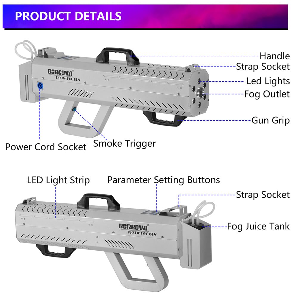 BORGOVA 1500W Handheld Fog Cannon 7-Color LED Timer Smoke Gun