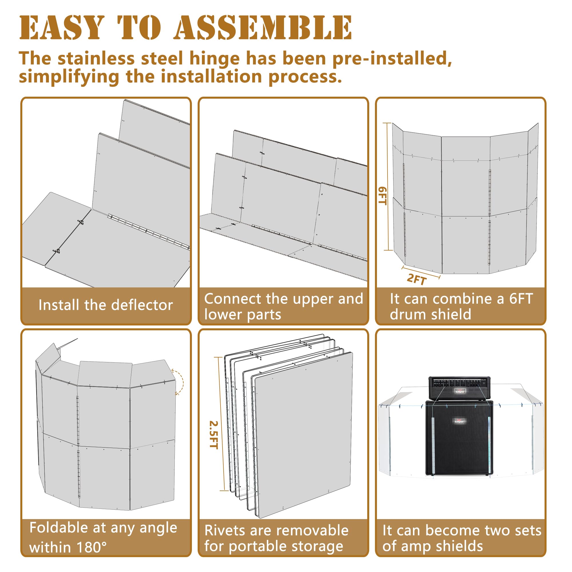 Portable Drum Shield | 5 Panels 2ft x 5ft w/Deflectors | Converts to 2ft x 6ft | Factory-Installed Full-Length Stainless Steel Hinges | Acrylic drum Sound Barrier (5 Panels w/Deflectors)