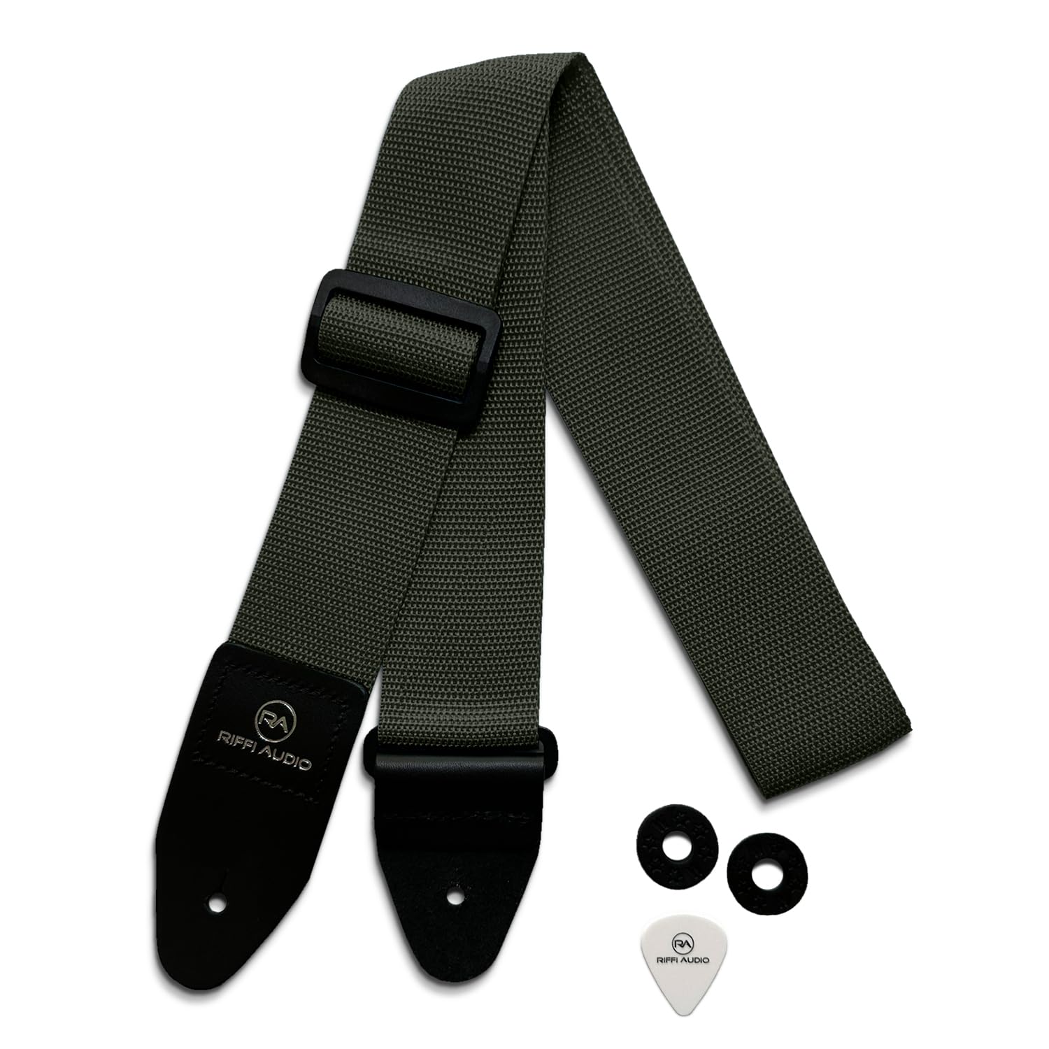 Riffi Audio Lite 1.0 Adjustable 2″ Wide Guitar Strap With Pick & Locks For Acoustic, Electric, And Bass Guitars (Olive Green)
