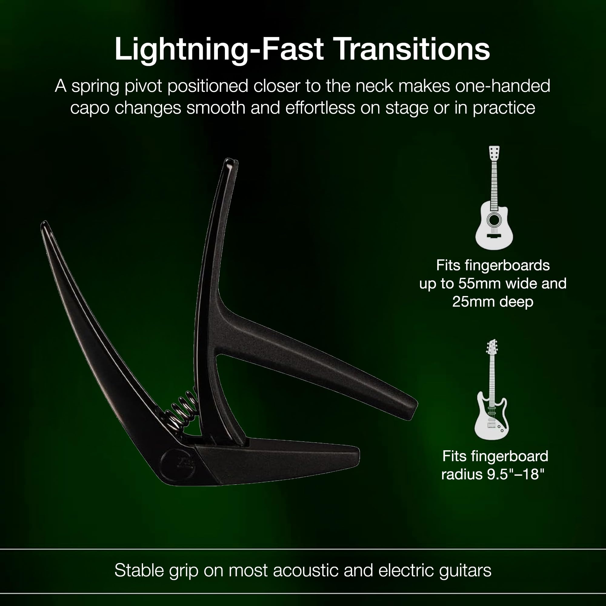 G7th Nashville 6 String Black Guitar Capo – Lightweight and Low Profile with Protective Silicone Pads – The Perfect Capo for Acoustic and Electric Guitar – UK Designed