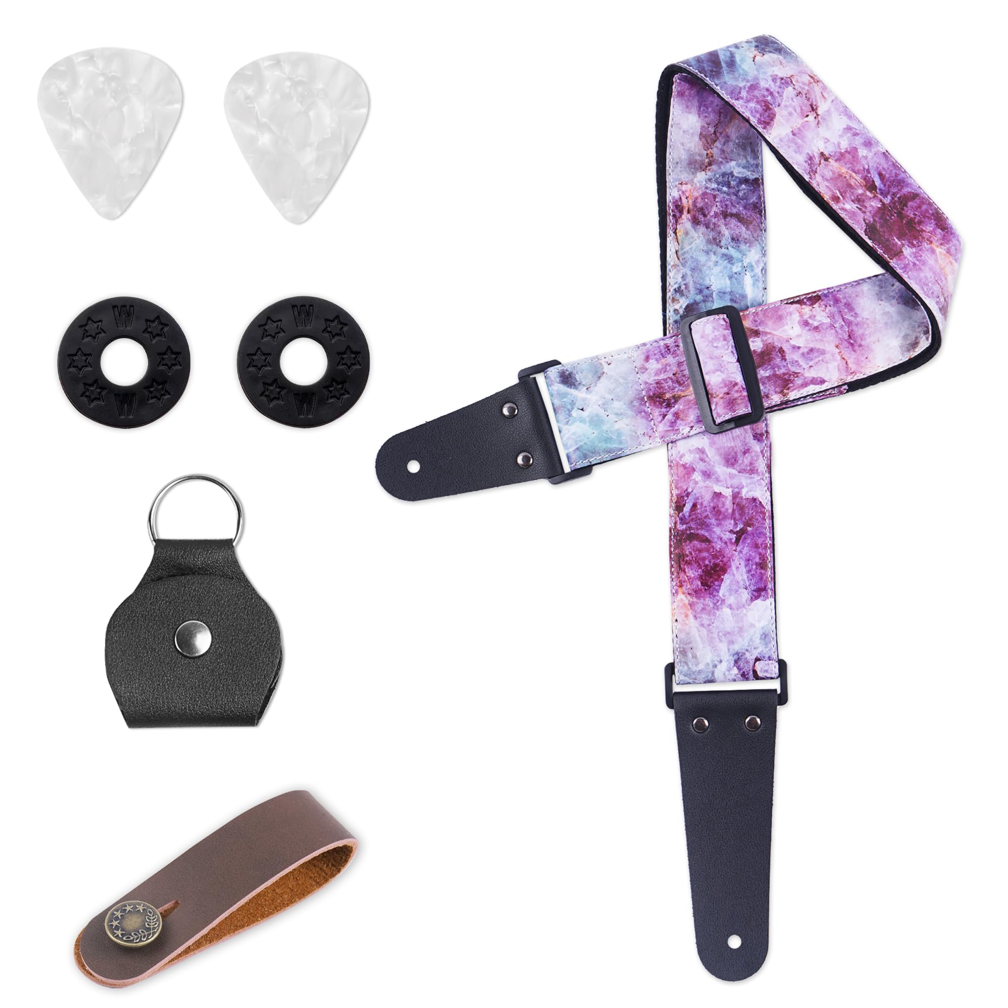 LIZIMANDU Adjustable Guitar Strap Includes 2 Strap Locks & 2 Matching Picks & 1 Picks Holder & 1 leather Strap Button(1-Printed Crystal)