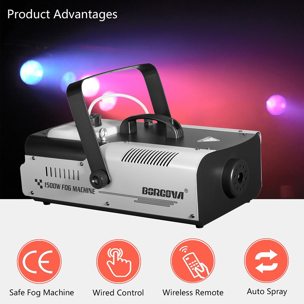 BORGOVA 1500W Fog Machine 2.2L Wireless Remote Stage Smoke Machine