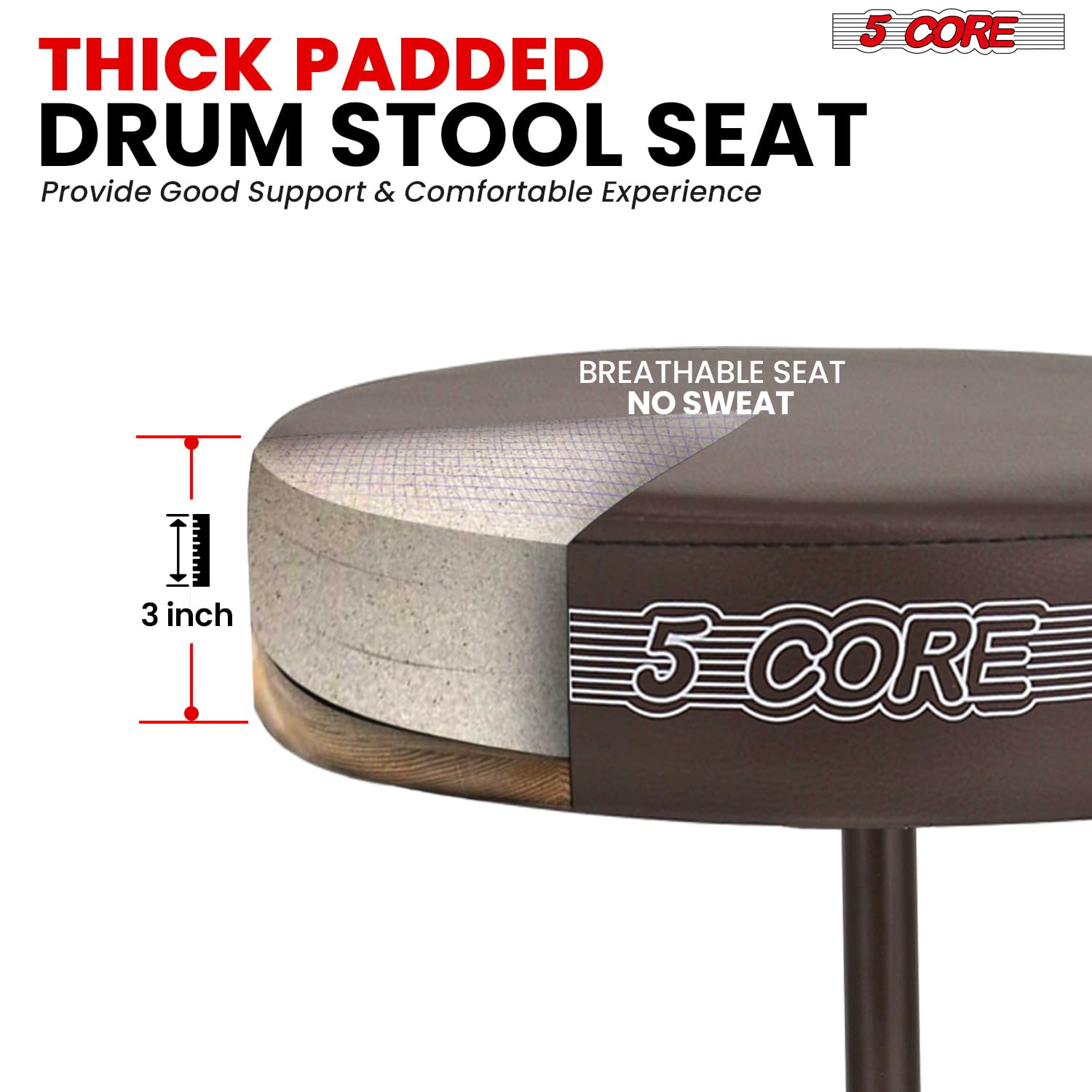 5 CORE Drum Throne Thick 3 Inch Padded Drum Seat Height Adjustable Drumming Stools with Anti-Slip Feet Musician Chair for Adults and Kids Drummers Brown – DS 01 BR