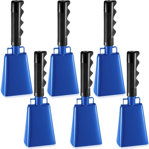 6 Pack Blue Cow Bell Noise Makers with Handles, Cowbell Cheering Bell for Sporting Events, Football Games, Large Solid School, Musical Instrument Cowbell Alarm Cheers for Farm Games, 3 x 2 x 9 Inch