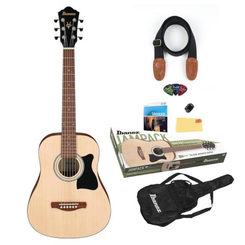 Ibanez IJV30 JamPack 3/4-Size Mini Dreadnought Acoustic Guitar Pack – Open Pore Natural Bundle with Gig Bag, Tuner, Strings, Pouch, Strap, Picks and Austin Bazaar Polishing Cloth