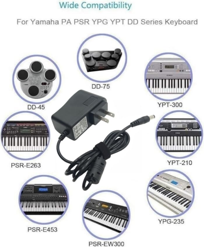 Pigtone 12V 1A Power Supply Adapter Charger Cord for Yamaha PSR, YPG, YPT, DGX, DD, EZ and P Digital Piano and Portable Keyboard Series, Adapter