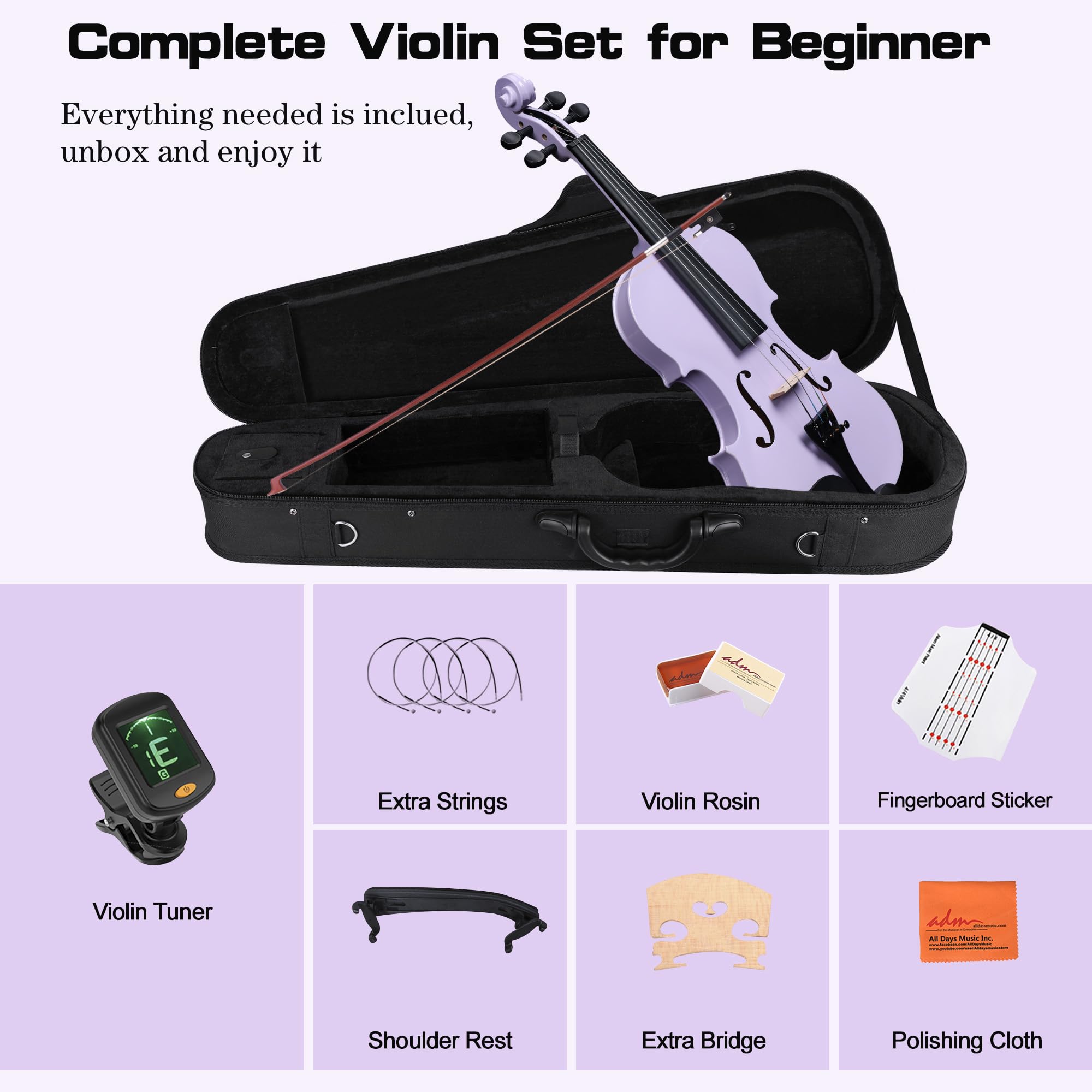 ADM Acoustic Violin for Kids Beginners, 3/4 Size Acoustic Violin Fiddle for Teens Students Violin Starter Kit with Hard Case, E-Tuner, Rosin, Shoulder Rest, Bow, Extra Strings, Free Lessons, Purple