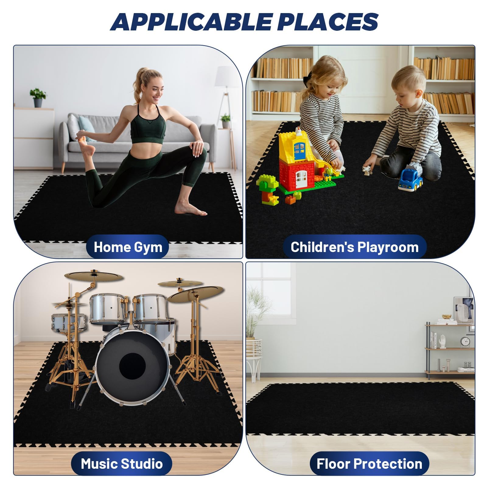 Focusound 20Pcs Sound Absorbing Interlocking Drum Rug, 11.8 x 11.8 x 0.4 inches High Density Soundproof Floor Mats, Non-Slip Anti Vibration Piano Carpet Drum Mat for Music Studio, Black