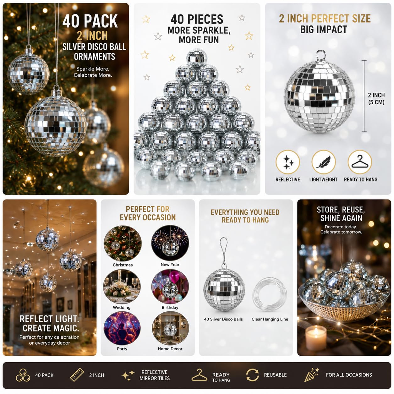 Youdepot 40-Pack 2-Inch Silver Mirror Disco Ball Ornaments