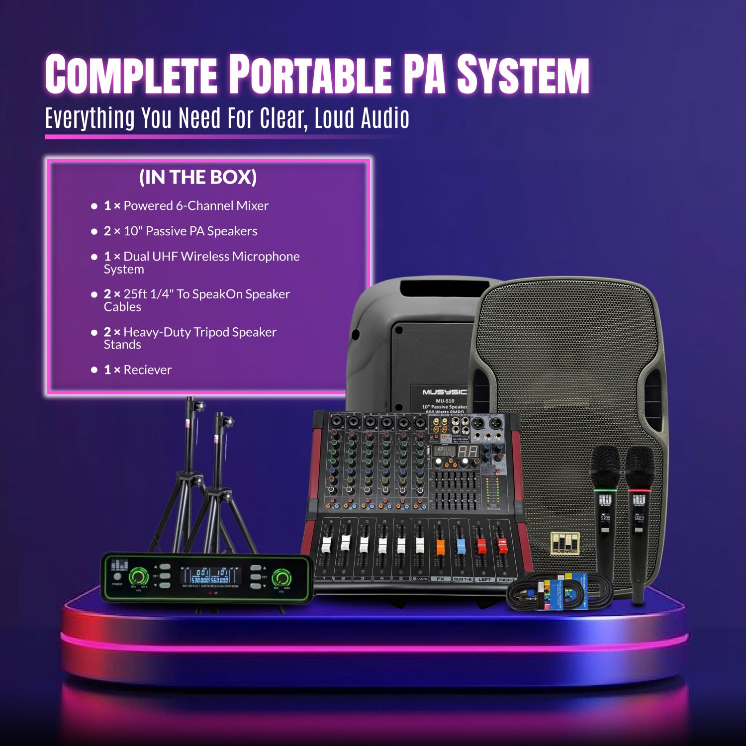 PA System with Wireless Microphone UHF,10″ PA Speaker, 2000W Audio Mixer