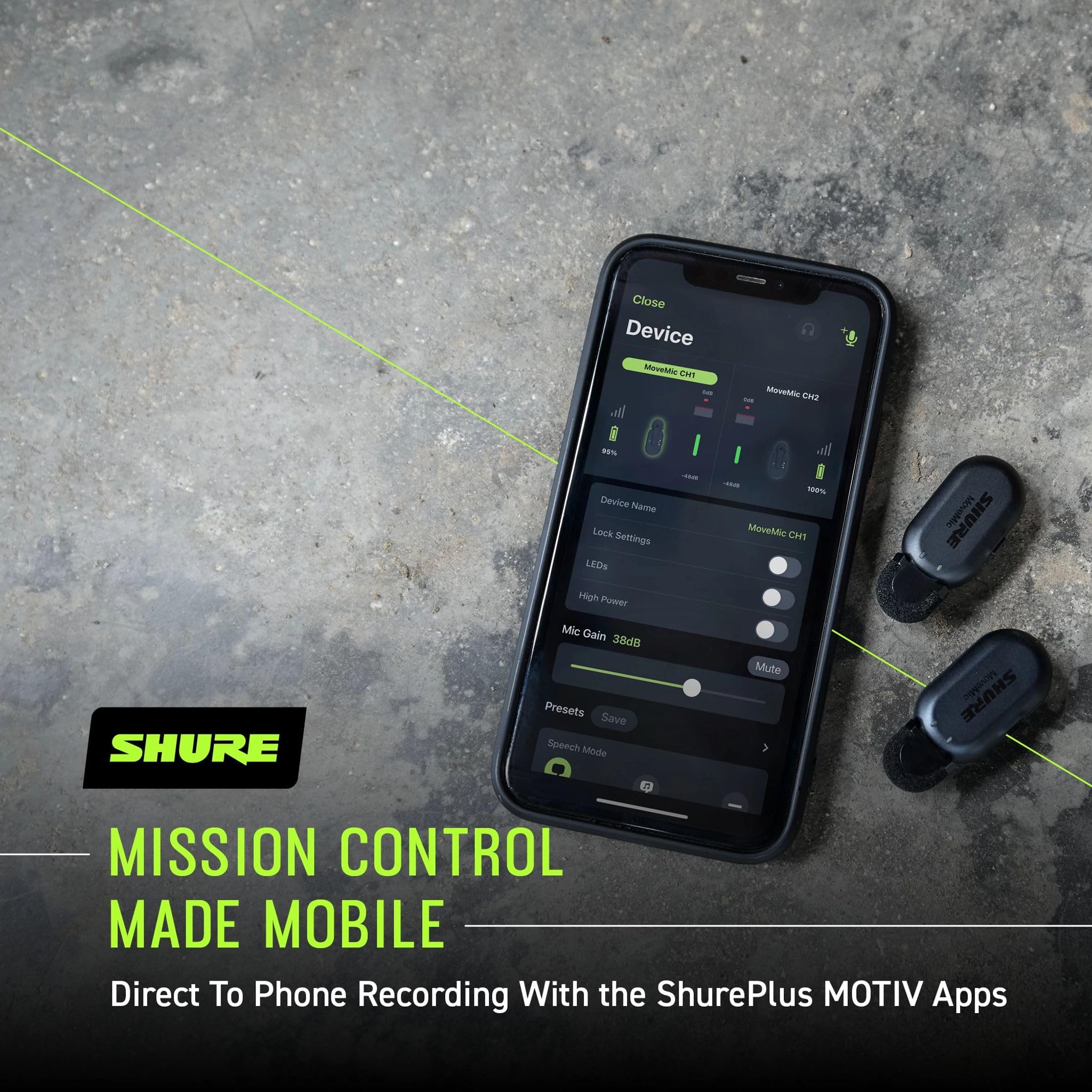 Shure MoveMic Two – Pro Direct to Phone Wireless Lavalier Microphones for iPhone & Android, 2 Bluetooth Mini Mics, 24 Hours Charge, Quick Set Up, IPX4, Compact & Portable Clip Lavs (MV-Two-Z7)