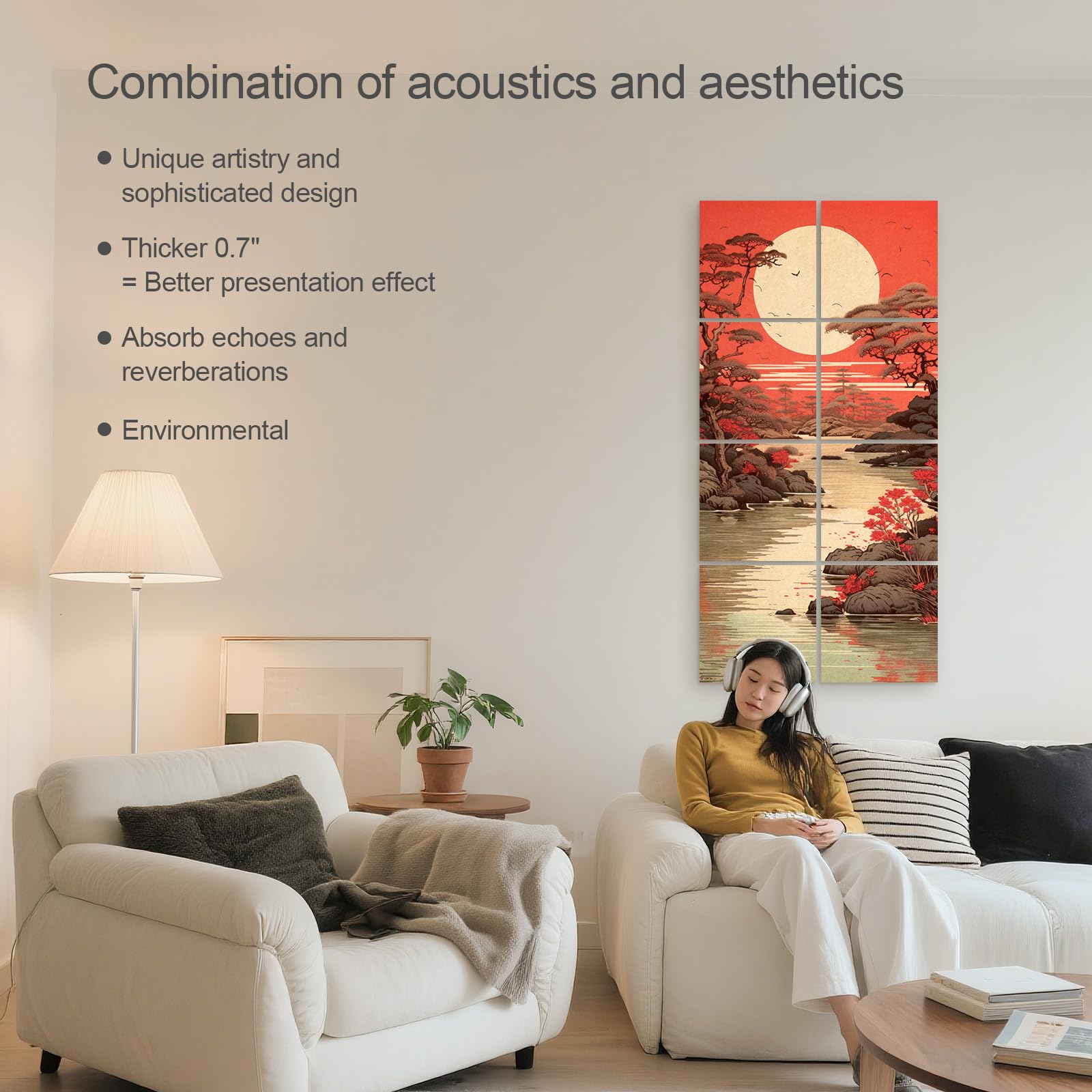 UMIACOUSTICS 8 Pcs 0.7Inch Thick Art Acoustic Panels, Total 47.2” x 23.6” Decorative Sound Absorbing Wall Panels for Home, Office, Hotel, Pine-shadow Floating Paint