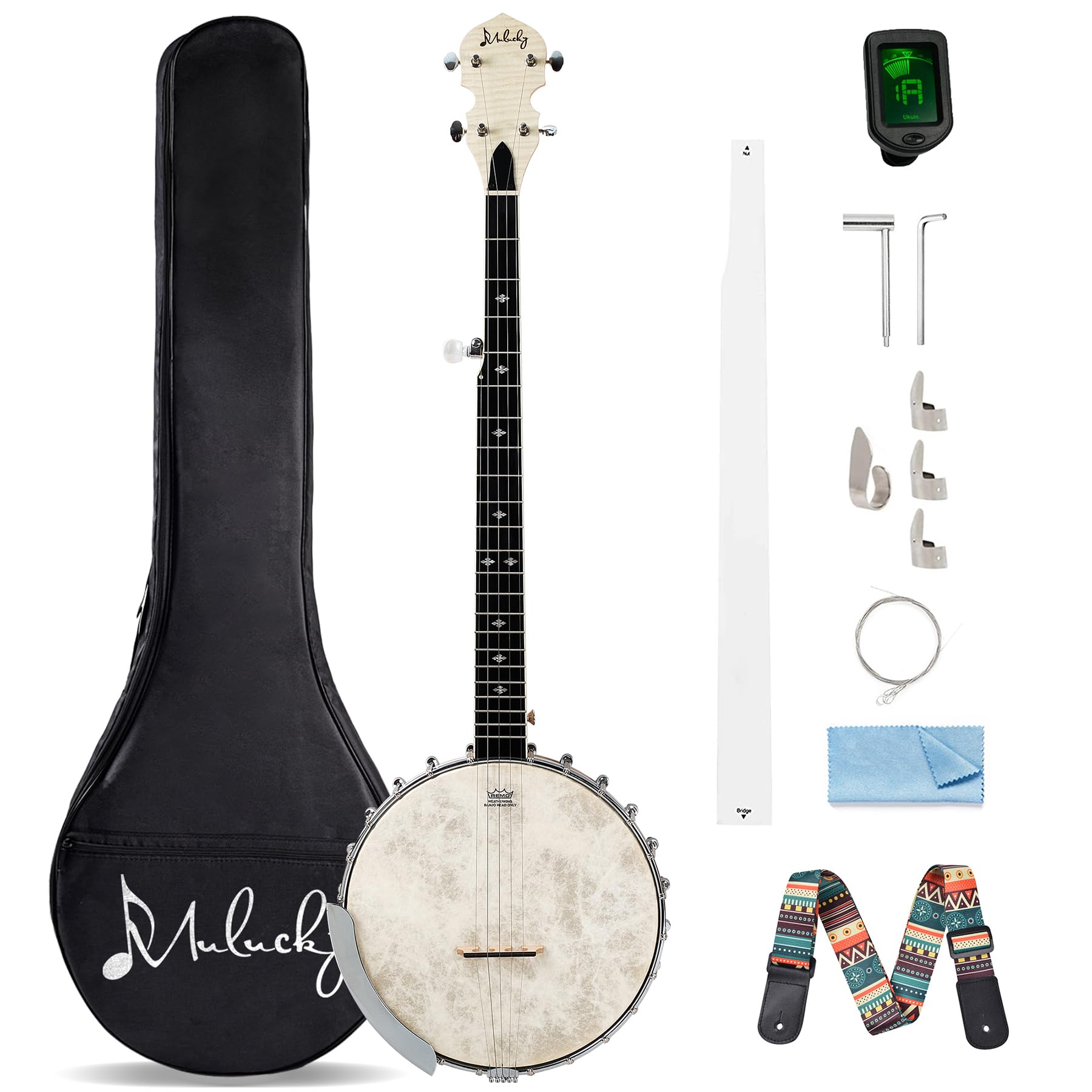 Mulucky 5 String Banjo – Full Size with 24 Brackets, Open Back, Maple Banjo with Remo Head, Geared 5th Tuner, Gift Package with Beginner Kit – B1102