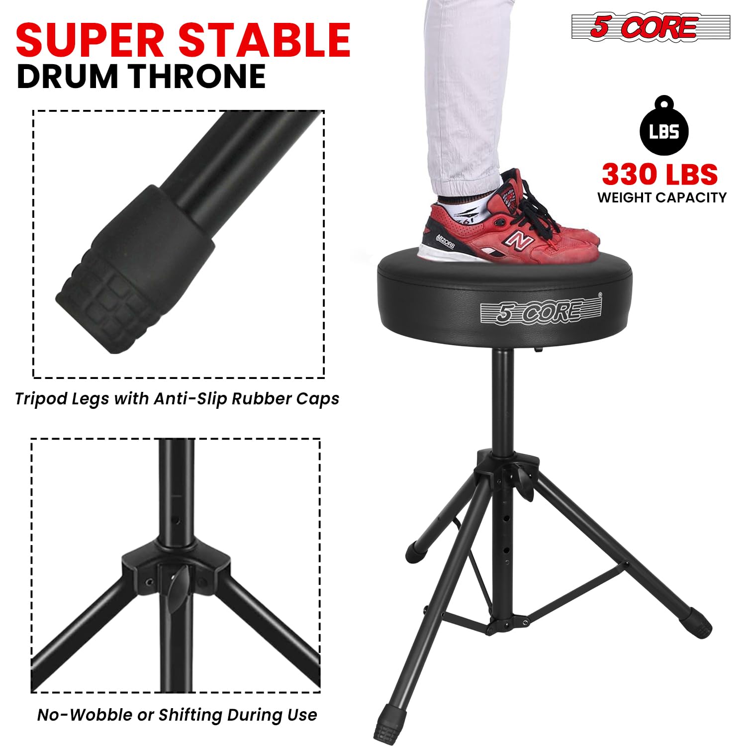 5 CORE Drum Throne Thick 3″ Padded Drum Seat Height Adjustable Drumming Stools with Anti-Slip Feet Drummers Chair for Practice and Performance Black – DS 01 BLK