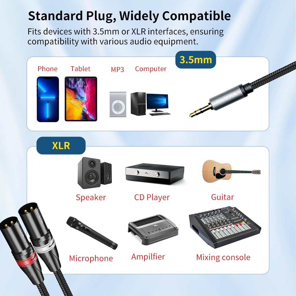 RIVIERA 10FT/3.0M Audio Cable 1/8 Inch 3.5mm Stereo TRS to Dual XLR Male Y-Splitter Adaptor Interconnect Patch Cord with Nylon Braid Aux Jacket and Sheild Wire Low Noise for Muscial Instrument