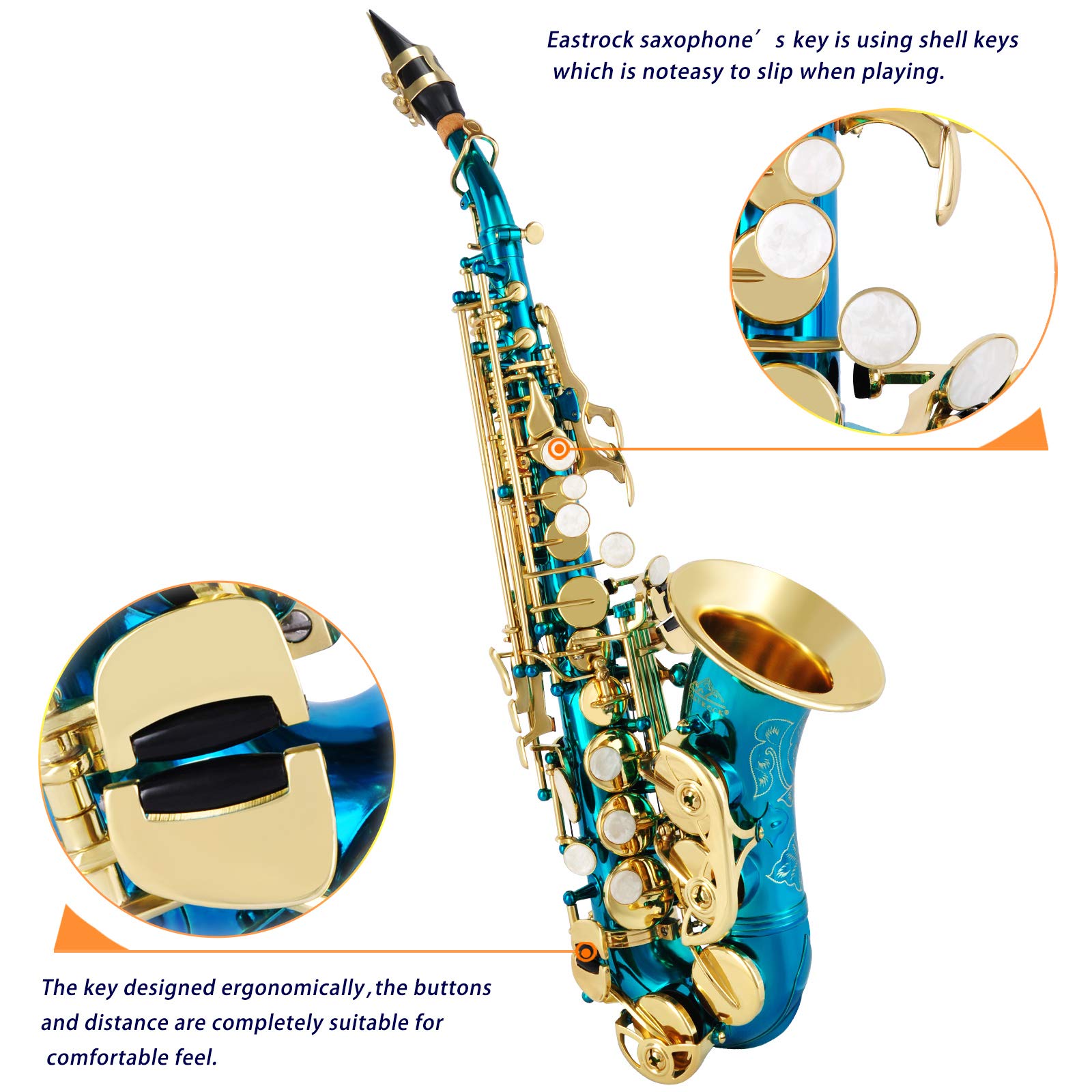 EASTROCK Bb Curved Soprano Saxophone Lake Blue for Beginners Students