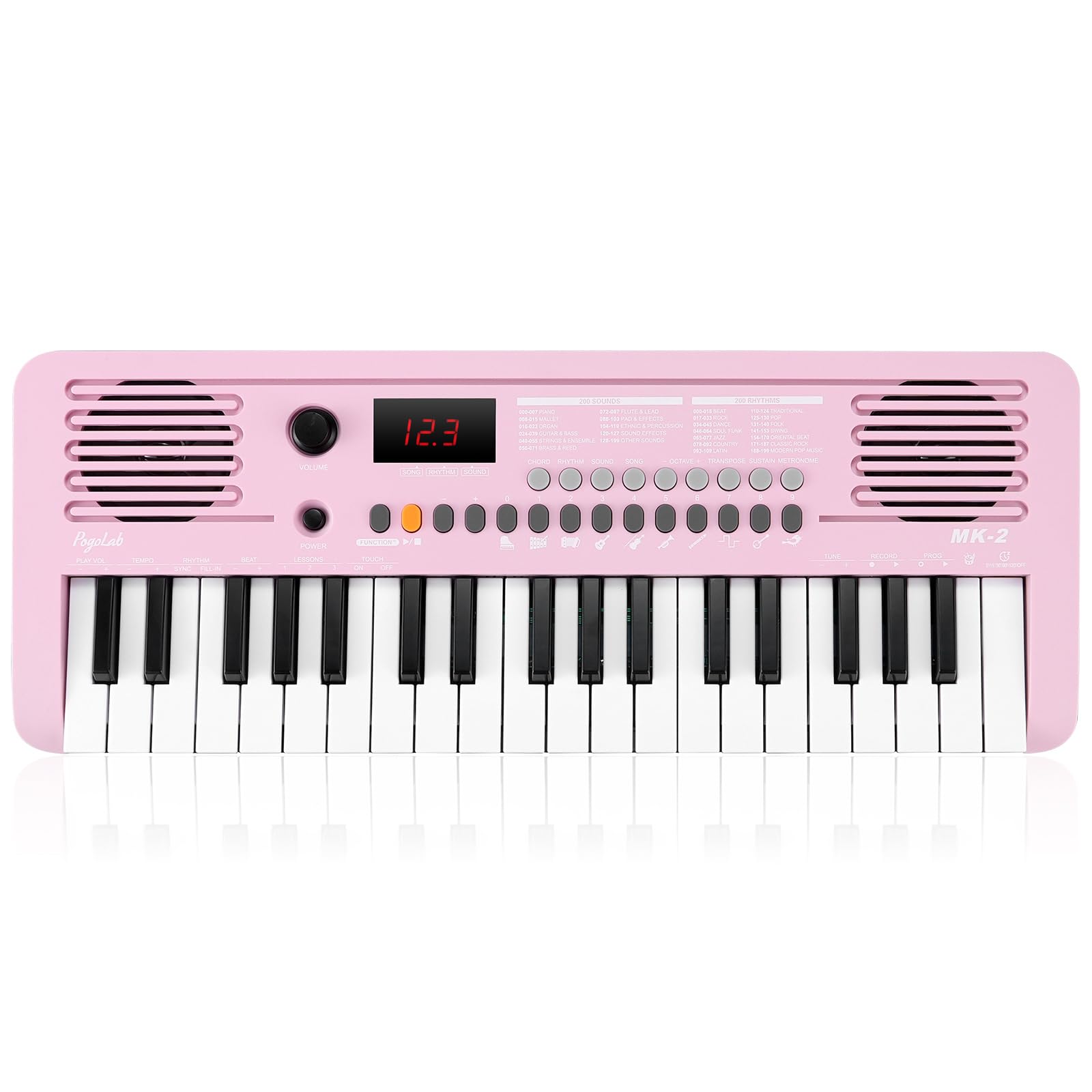 POGOLAB MK-2 37 Keys Kids Keyboard Piano, Portable Small Keyboard with 40 Songs, 200 Sounds, with MIDI Function, LED Display & Dual Speakers, Compact Mini Music Piano for Kids/Beginners (Pink)