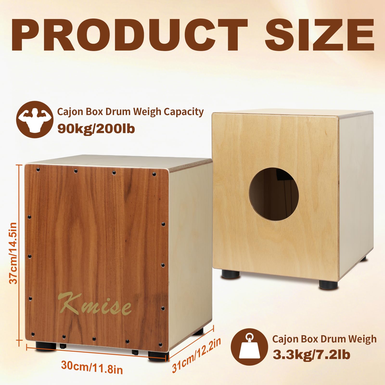 Kmise Portable Cajon Drum Box, 11.8×12.2×14.5″ Adjustable Snare Cajons Drums, Solid Acacia & Birch Wood, Percussion Instrument Gift for Adults Kids, With Carry Bag,for Home Live Performance Practice