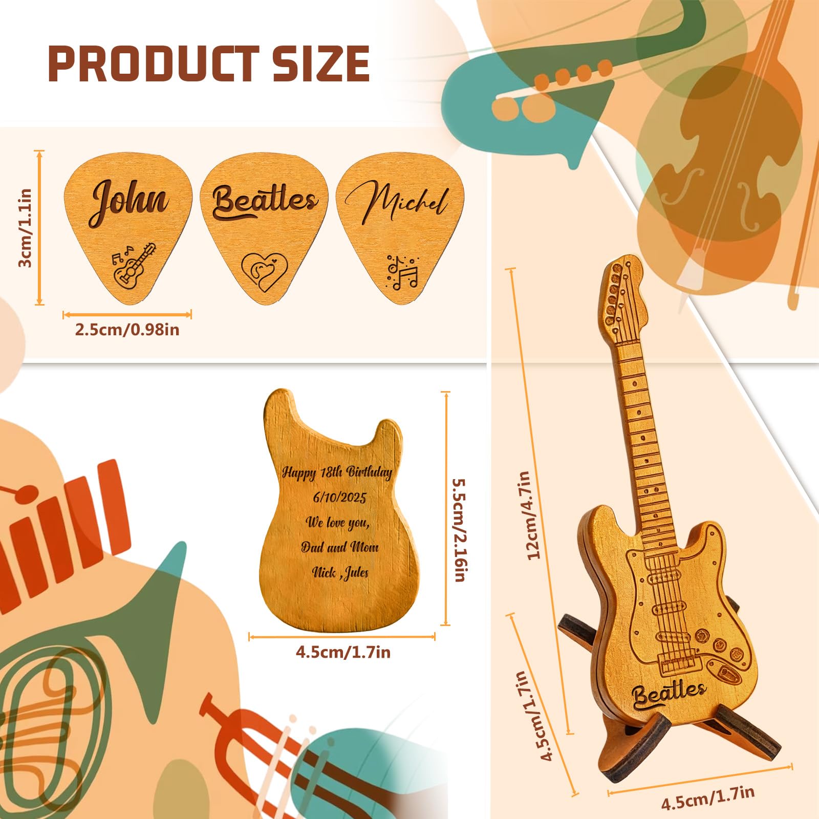 Personalized Wooden Guitar Pick Case with 3 Custom Picks