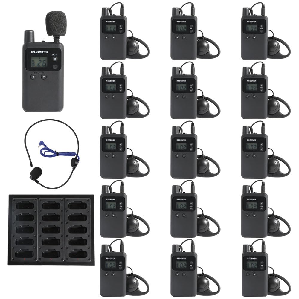 AGJ Wireless Tour Guide System, Tour Guide Microphone and Speaker, Tour Guide Headsets 1 Transmitter 15 Receivers 1 Charger Court Church Translation System for Factory School