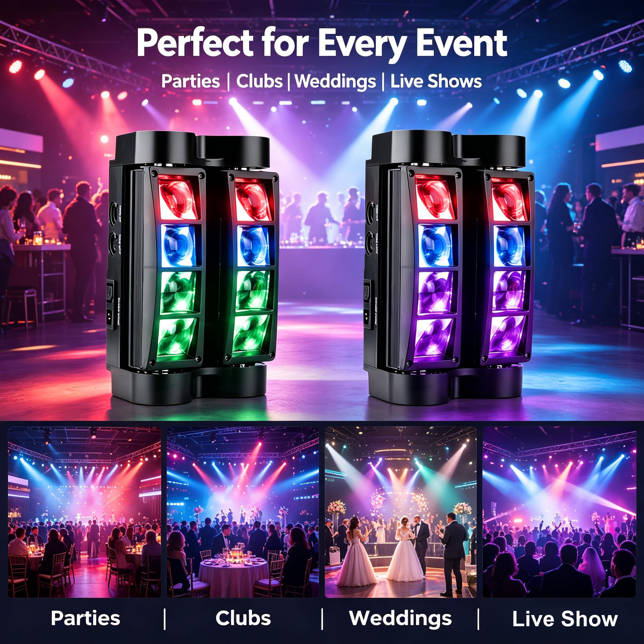 JCYW FLODY 8x10W Spider Moving Head DJ Light, RGBW LED Stage Light 2 Packs