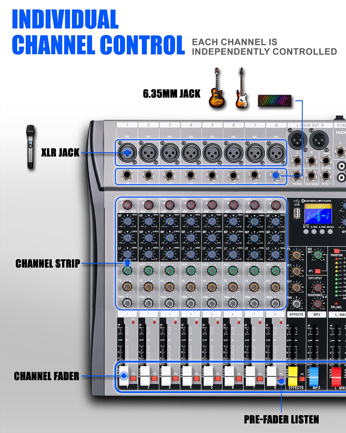 8 Channel mixer professional Audio Mixer, dj mixer with Individual Channel Control and USB Audio Recording & Editing via Computer, All-Metal mezcladora para dj (8 Channel)