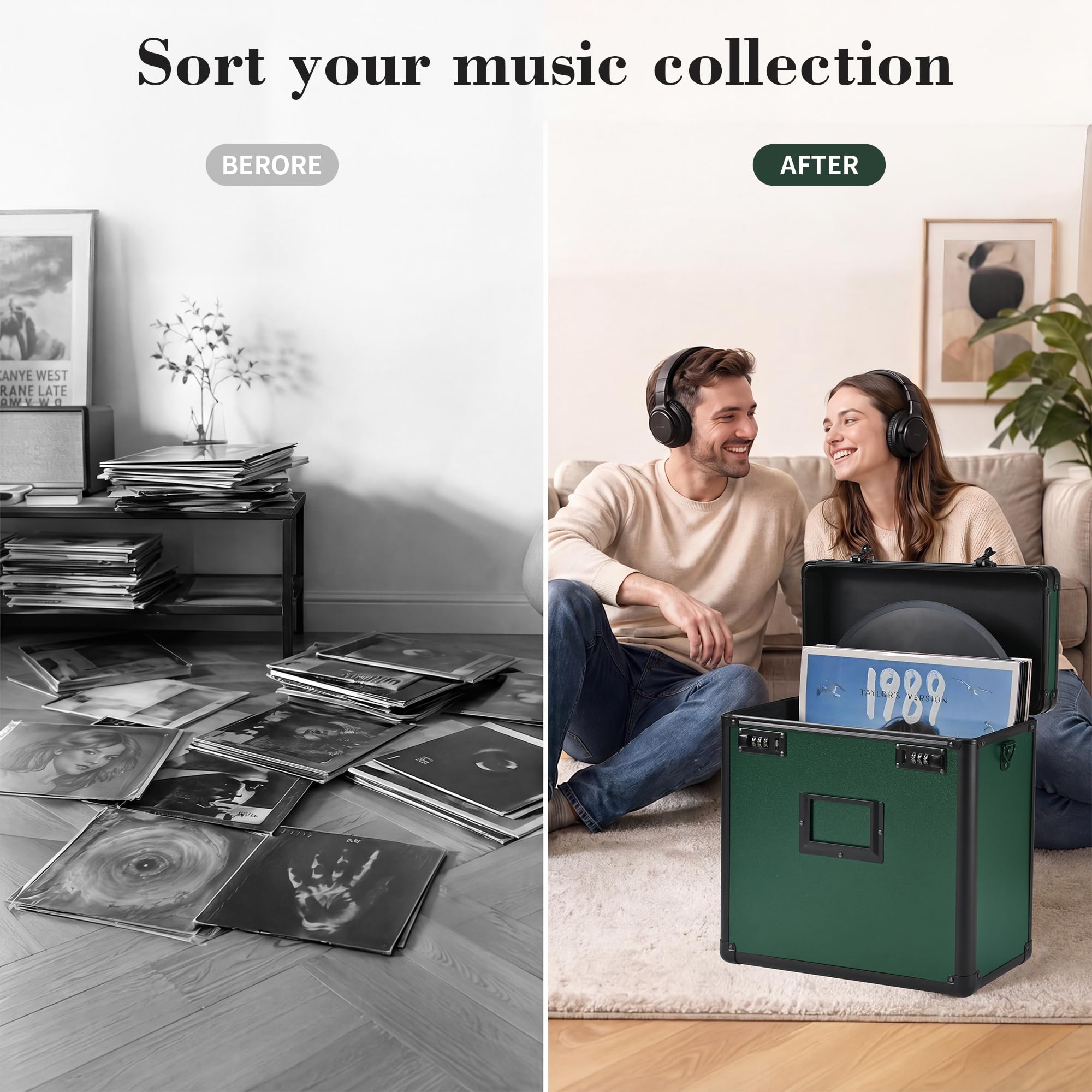 GALHUBIS Vinyl Record Box, Lockable Album Organizer, Holds 32 LPs, Green