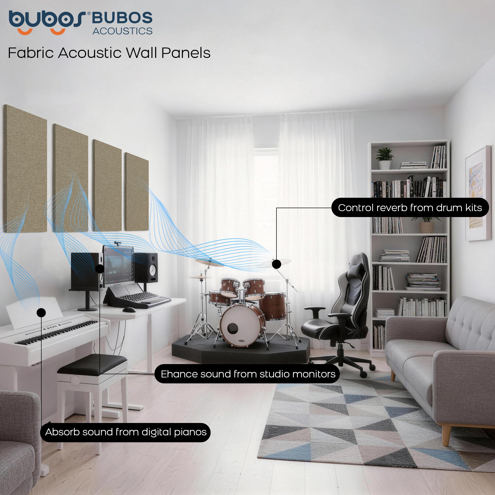 BUBOS 2-Pack Fabric Acoustic Panels 23.6×11.8×1″, Self-Adhesive Sound Panel