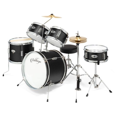 Ashthorpe 5-Piece Complete Kids Drum Set with Genuine Brass Cymbals – Junior Beginner Kit with 16″ Bass, Throne, Hi-Hats, Pedals & Drumsticks – Black