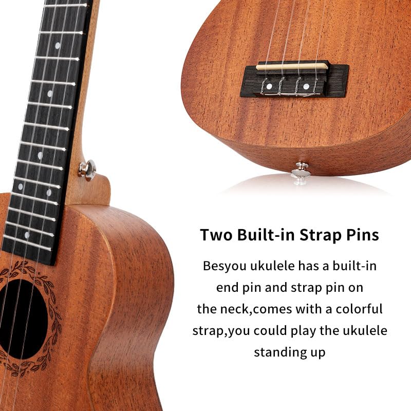 Besyou 21 Inches Beginner Ukulele Kids Travel Student Uku Wooden Soprano Mahogany Ukelele Kits with Tuner Gig Bag Strap Carbon Nylon String Picks Cloth Gift Choice (Ma)