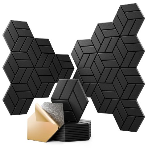 OTUOER 12Pcs Acoustic Panels with Self-adhesive, 12″X 10″X 0.4″ Sound Proof Foam Panels for Walls, Hexagonal Soundproof Wall Panels High Density, Sound Panels for Home Studio Office (Black)