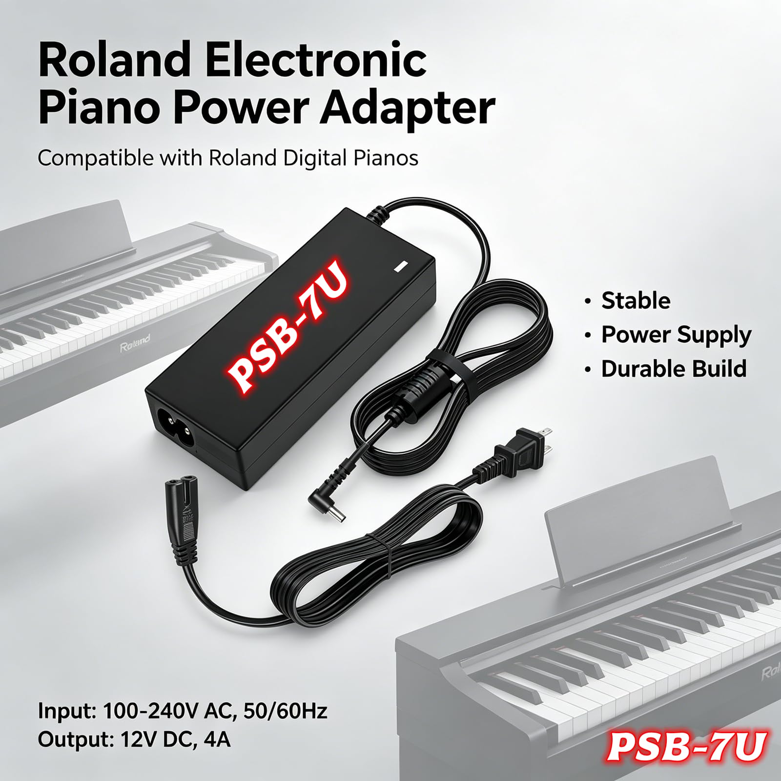 MSZLZTD PSB-7U Charger 12VAC/DC for Roland FP-30X Power Adapter, Ideal Replacement Adapter for Roland FP-30 FP-60 FP-90 FP-30X FP-60X FP-90X FP60X-WH 88 Keys Digital Piano Keyboard Power Supply Cord