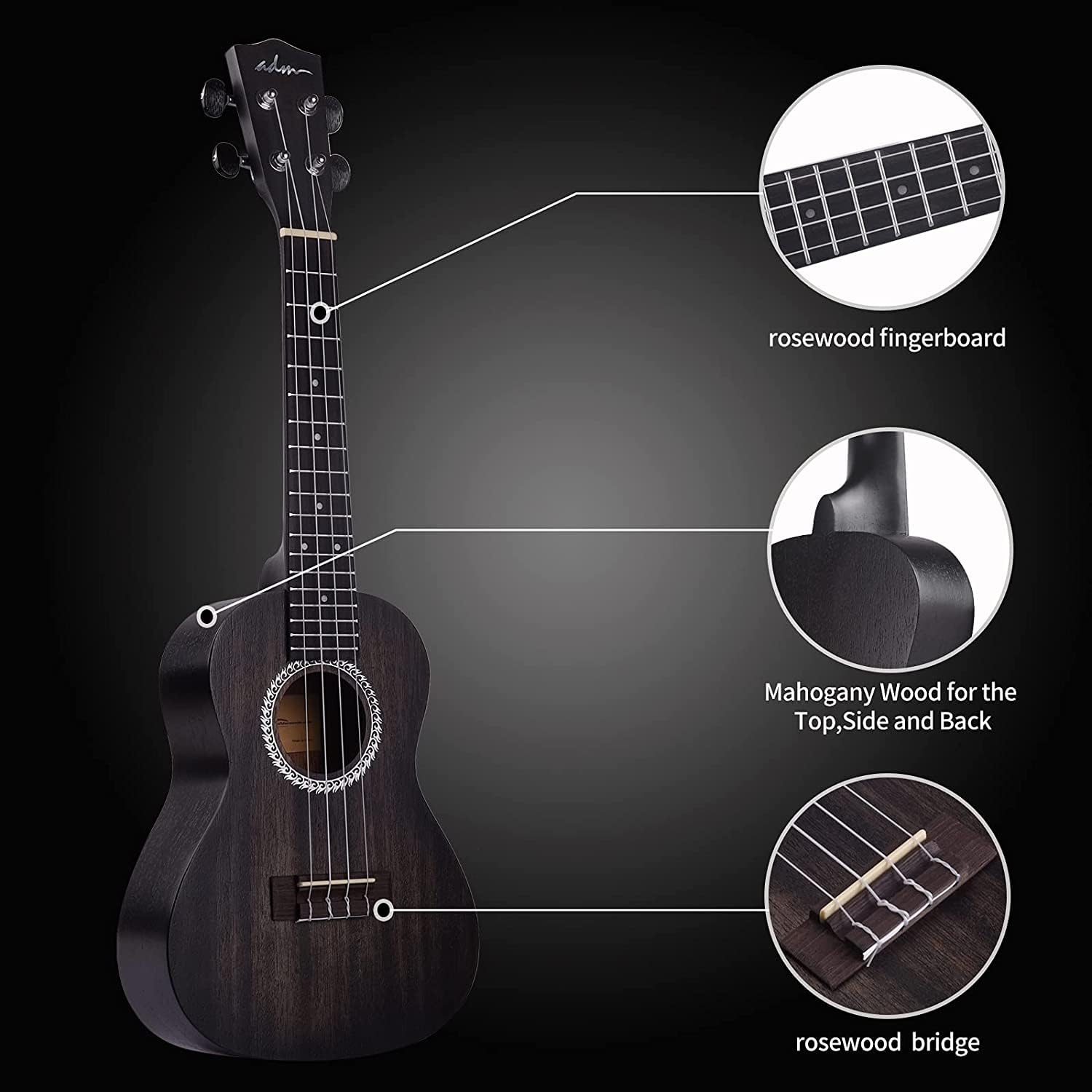 ADM Ukulele Beginner Kit Mahogany Hawaiian Wood Ukelele Bundle Ukalalee Set with Uke Free Starter Lessons for kids Students and Adults, Yellow Brown (Matte Red, 23 inch)