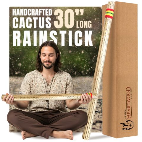 Africa Heartwood Project 30″ Cactus Rainstick from Chile – Authentic Handcrafted Rain Stick Musical Instrument with Rasta Yarn Wrap and Durable Sealant