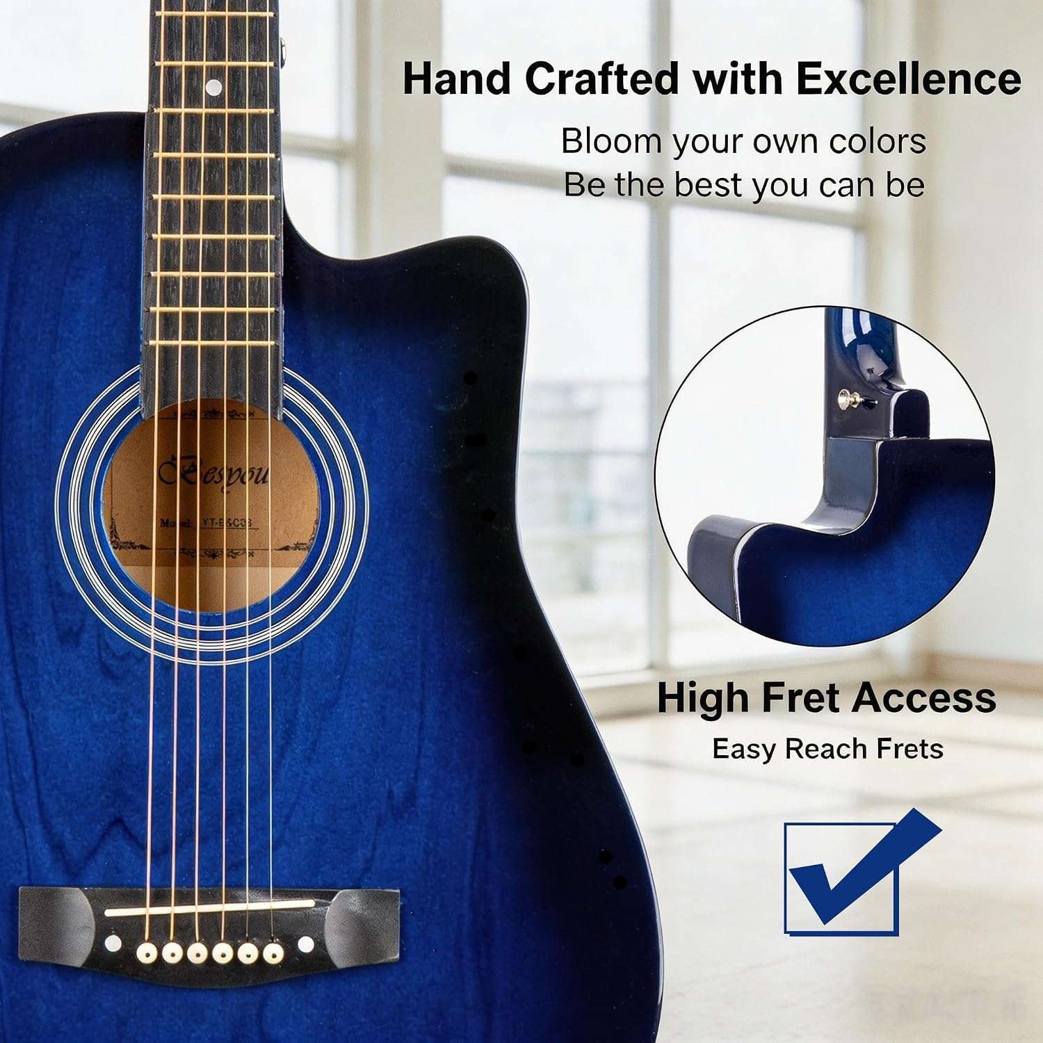 38 inch Blue Acoustic Guitar Beginner Kits 3/4 Cutaway Wood Acustica Guitarra for Beginners Adults with Online Lesson,Gig Bag,Picks,Steel Strings Strap with Picks Holder