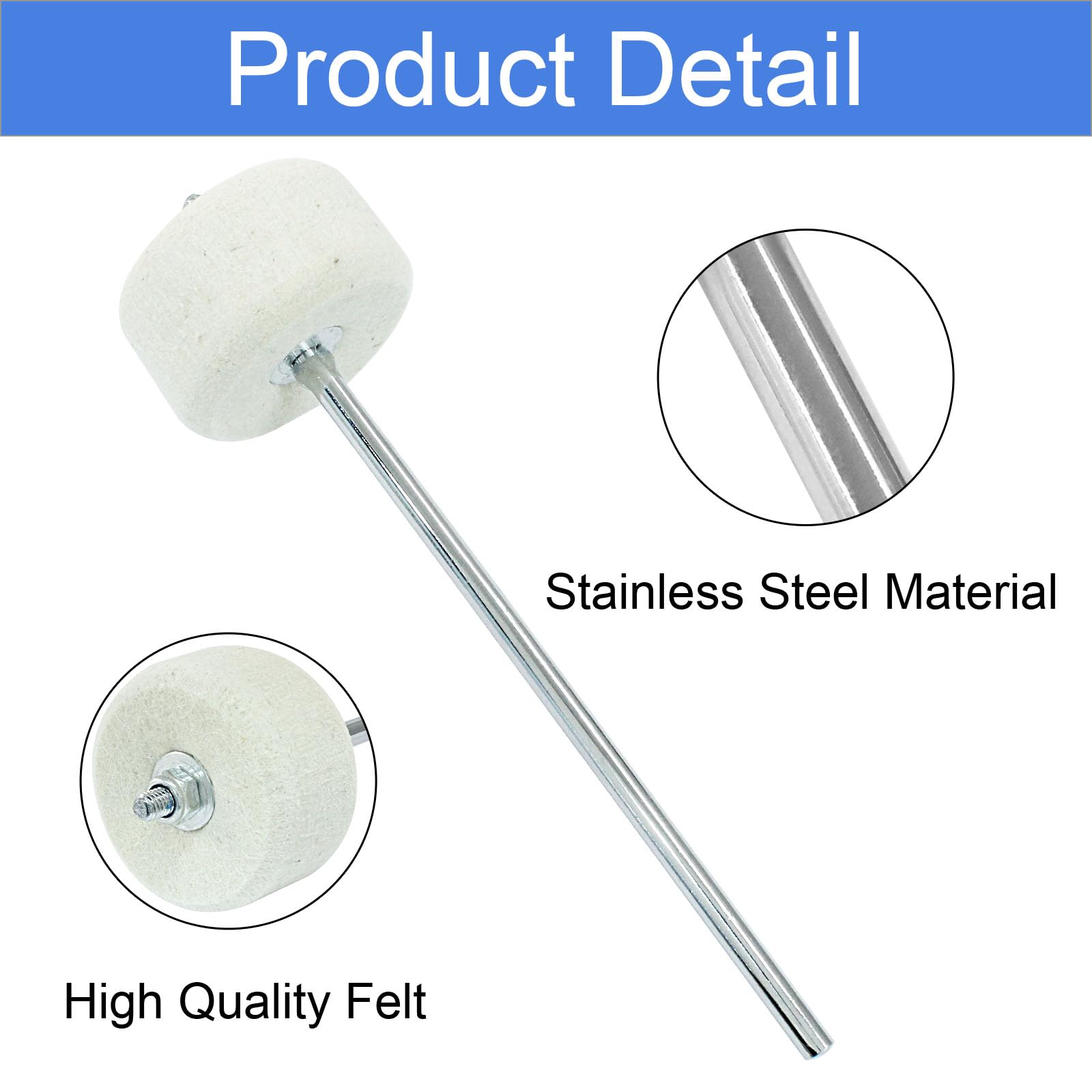 Seimneire 2 Pack White Felt Double Kick Bass Drum Pedal Beater Mallet