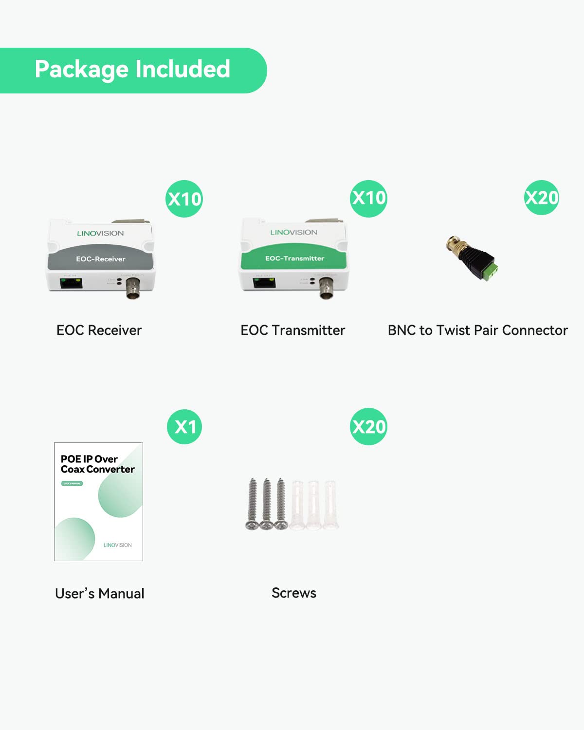 LNOVISION LongReach PoE over Coax EoC Converter, IP over Coax (10 Pack)