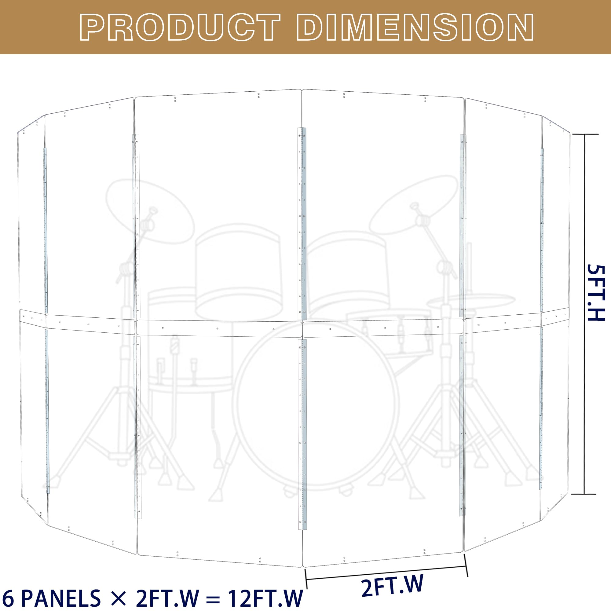 Portable Drum Shield | 6 Panels 2ft x 5ft | Factory-Installed Full-Length Stainless Steel Hinges | Acrylic Drum Sound Barrier | Cage for Church (6 Panels)