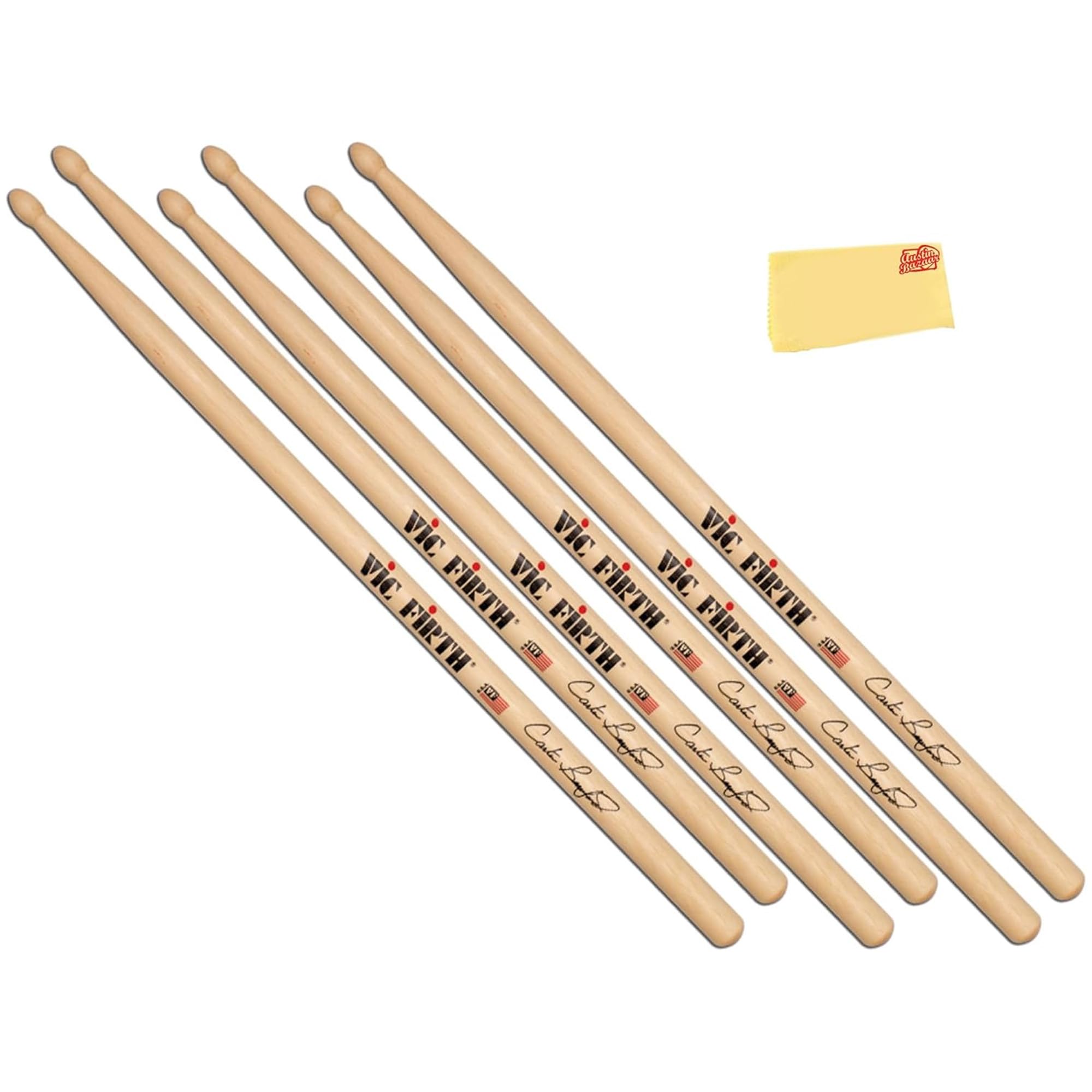 Vic Firth Signature Series Carter Beauford Drumsticks – 3‑Pack Bundle with Austin Bazaar Polishing Cloth