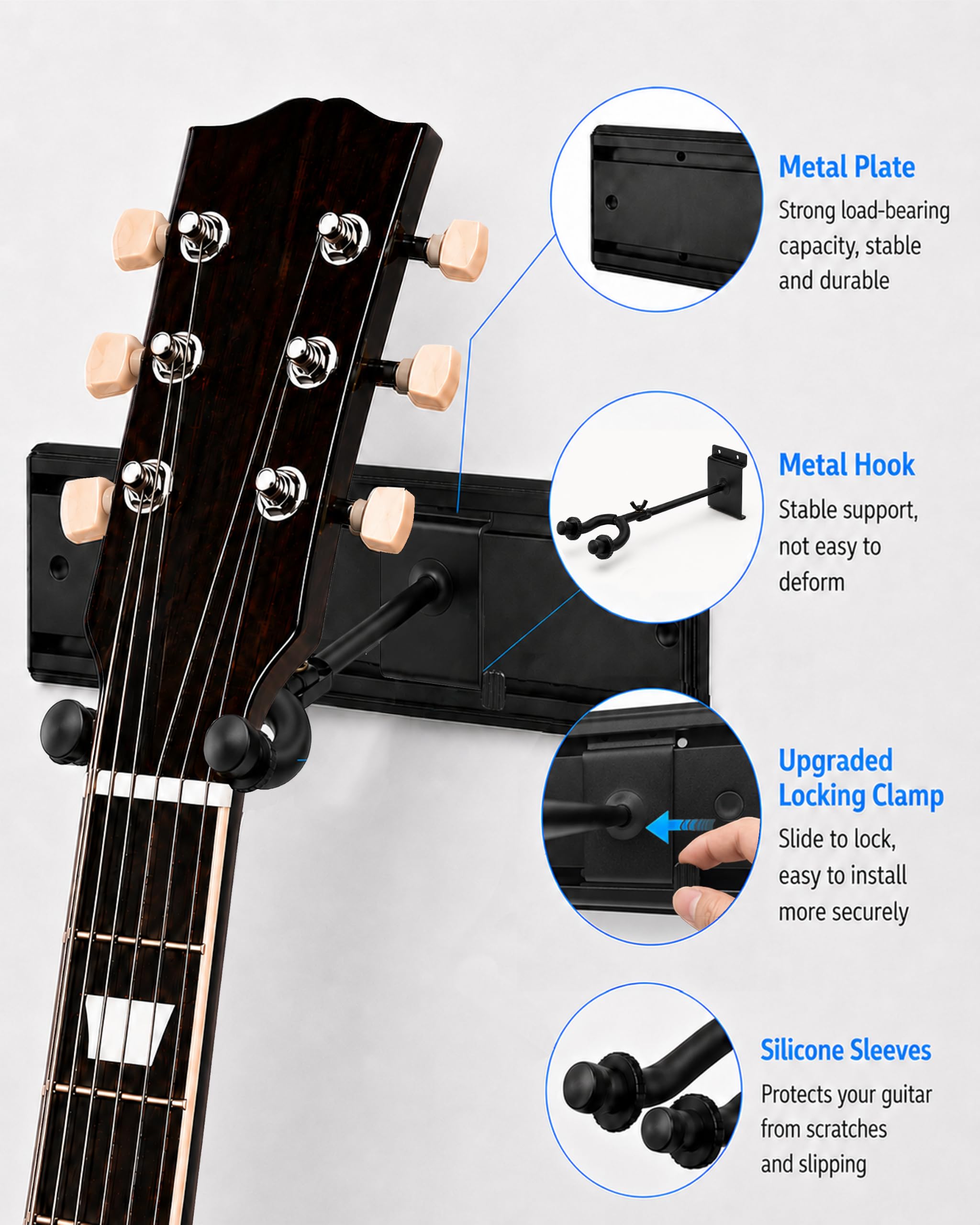 Guitar Wall Mount for Multiple Guitars, Adjustable Guitar Wall Rack with Rubber Cradles & Fixed Clips, Aluminum Guitar Hanger Organizer for Acoustic Electric Guitar, Bass, Violin, Ukulele Storage Display- 8 Hangers