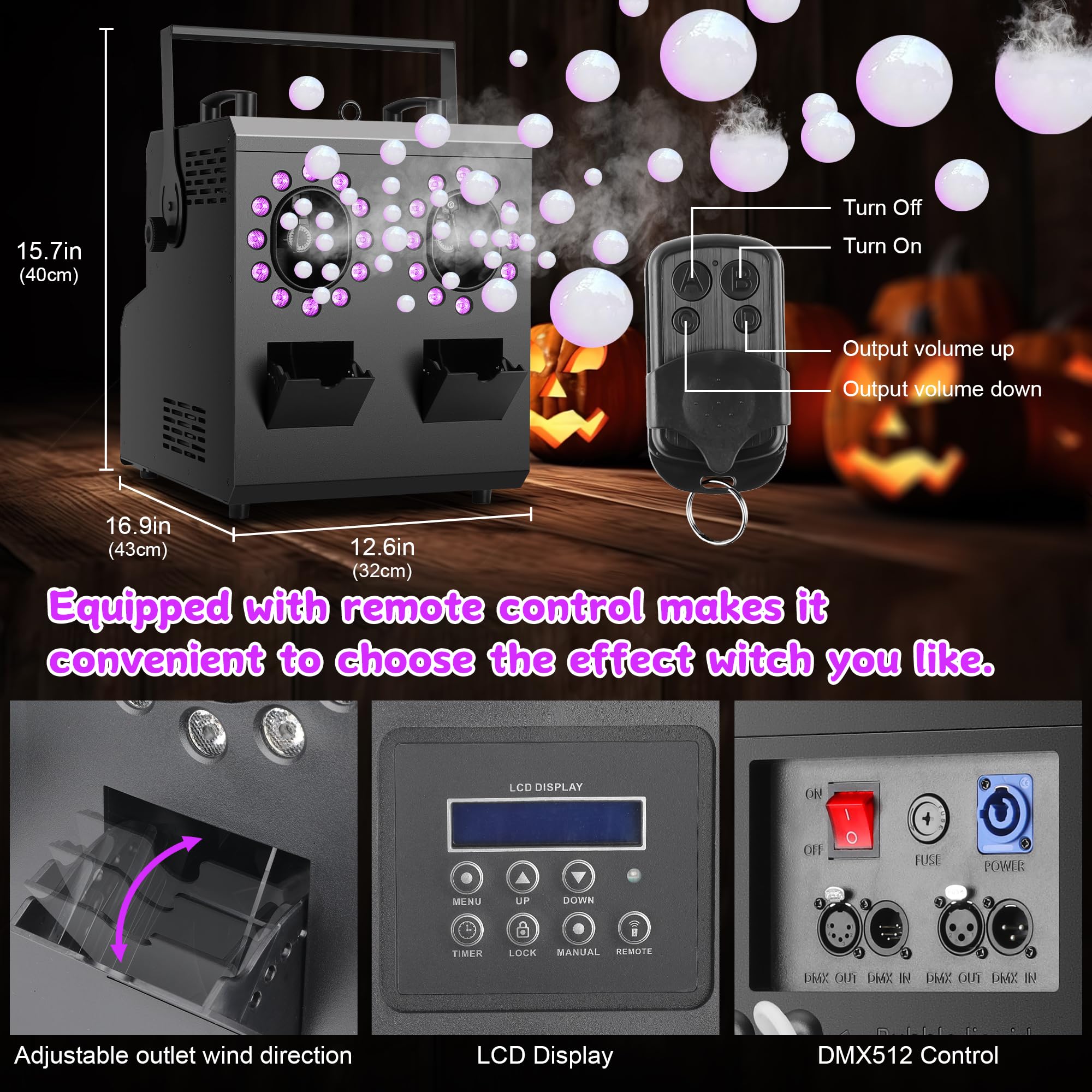 ENDYSHOW Fog Bubble Machine,1500W 3IN1 Smoke Bubble Machine with 24LEDs RGBW 4IN1 Lighting Effect Remote Control Timer Settings DMX512 for Halloween Birthday Parties Wedding Show Festival Stage