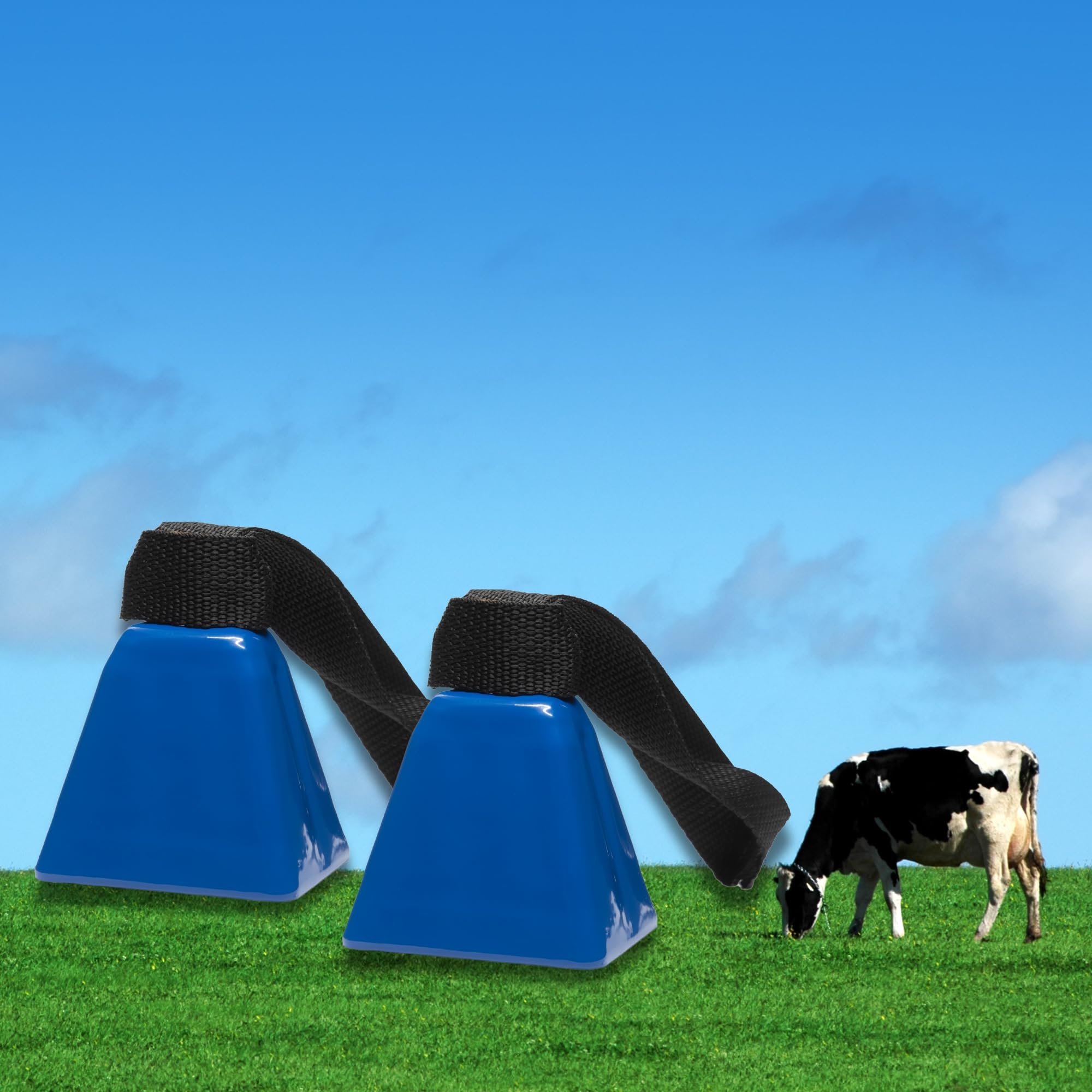 Bevin Bells Long Distance Cow Bells 10LD (Blue & Blue) | Christmas Bells | Made from Steel | Loud Noise Makers | w/White Strap Around The Handle | Easier to Hold | Made in CT, USA