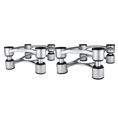 IsoAcoustics Aperta Series Isolation Speaker Stands with Tilt Adjustment: Aperta200 (7.8″ x 10″) Silver Pair