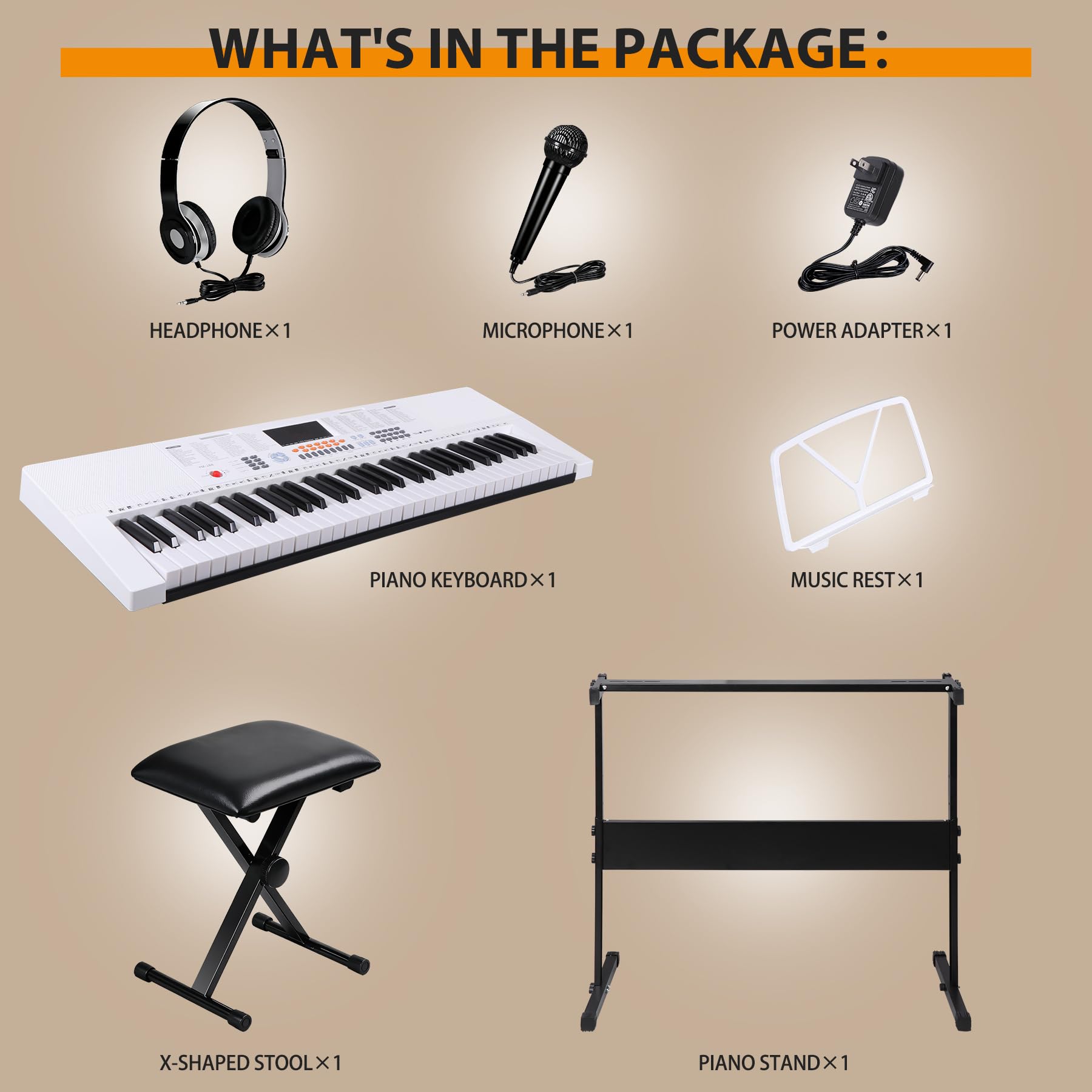 Smartxchoices 61-Key Electronic Keyboard Piano Stand Portable LED Display Keyboard Kit with Adjustable Stand, Adjustable Stool, Headphones, Microphone & Music Rest, White