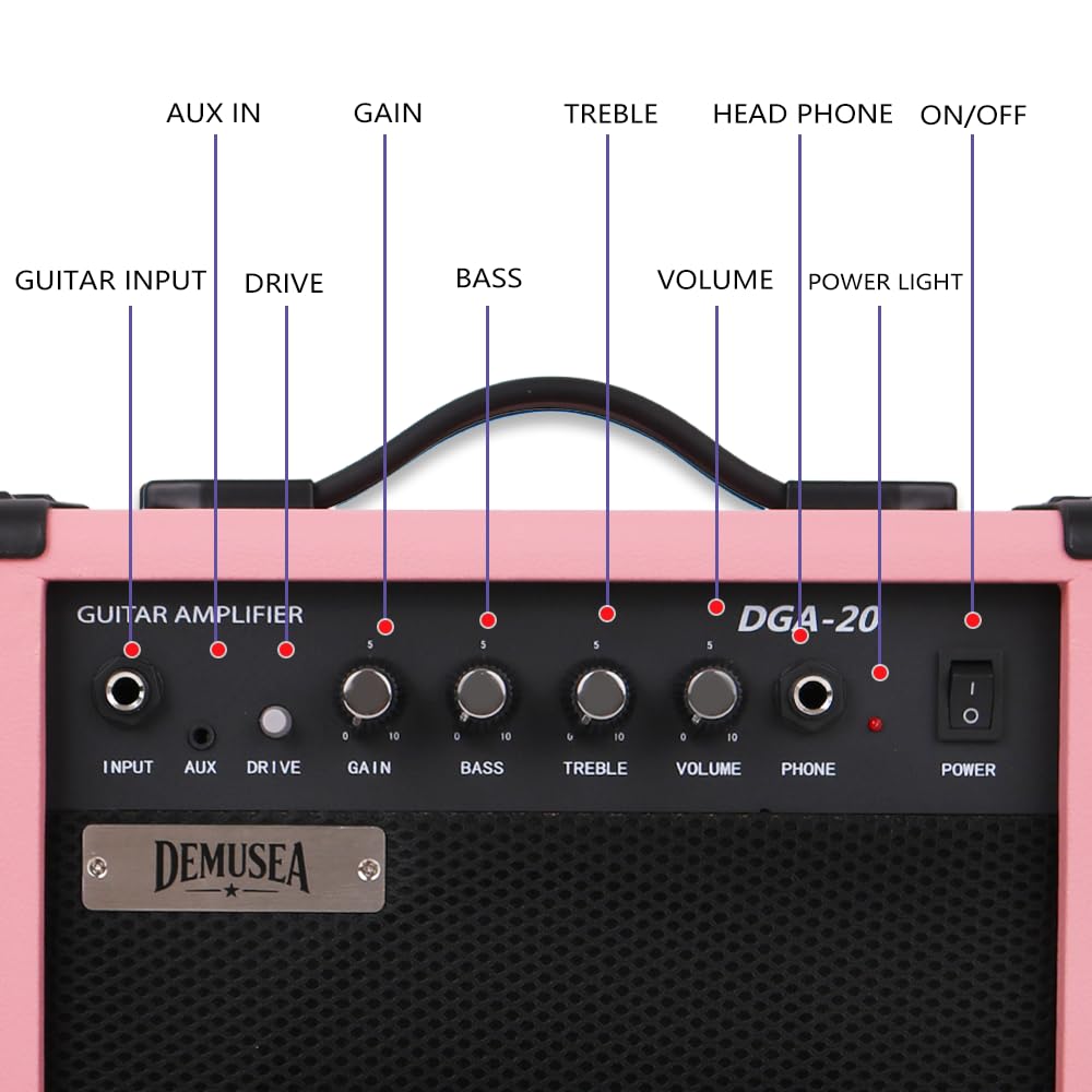 Demusea Cool Shape Electric Guitar Kit With 20W Amp Set Pink Color Solid Wood Building Accessories All In One Young Man Beginner Practice Capo Cable Stap Gigbag In (Unique Shape, Pink)
