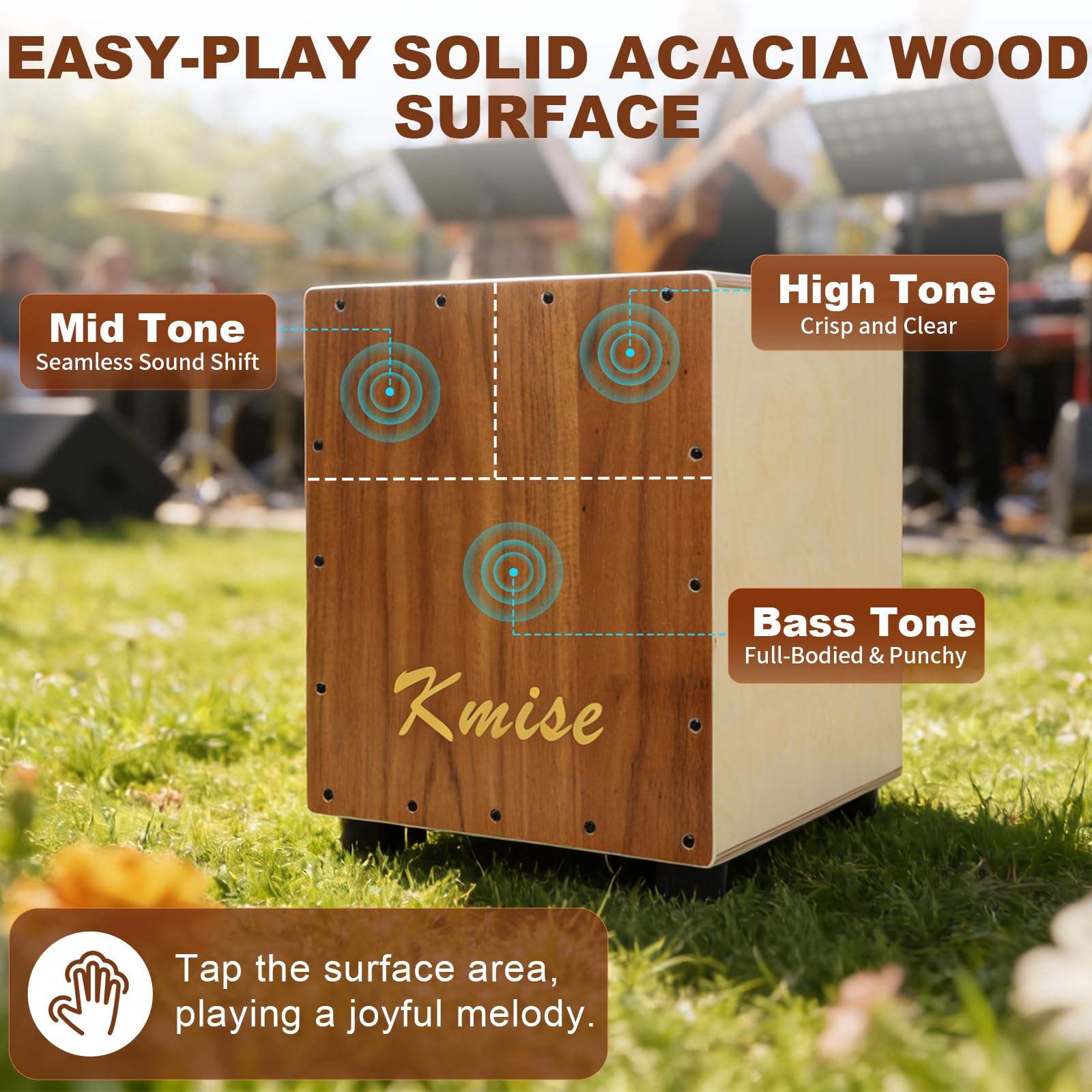 Kmise Portable Cajon Drum Box, 11.8×12.2×14.5″ Adjustable Snare Cajons Drums, Solid Acacia & Birch Wood, Percussion Instrument Gift for Adults Kids, With Carry Bag,for Home Live Performance Practice